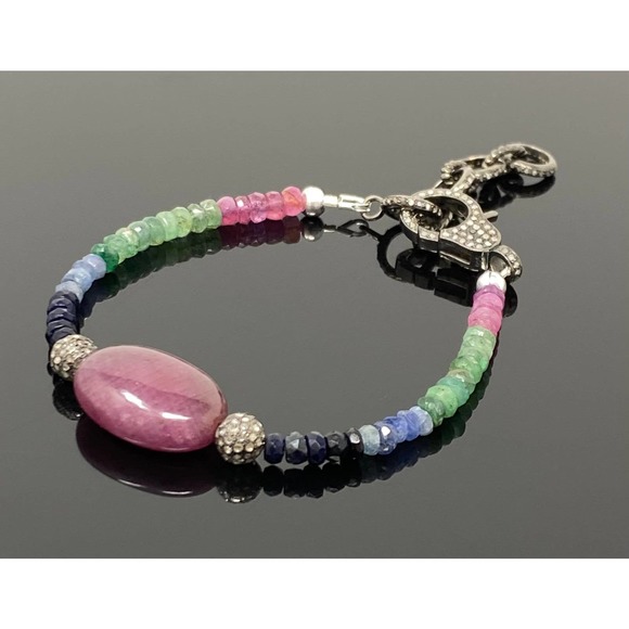 Natural Ruby, Emerald and Sapphire Pave Diamond Bracelet - Picture 7 of 9